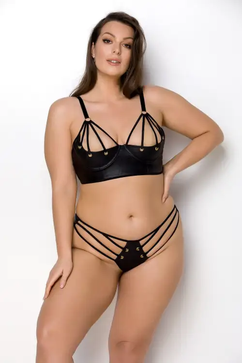 Комплект из экокожи Passion Malwia Bikini 6XL/7XL black, с люверсами и ремешками, бра, трусики photo 1