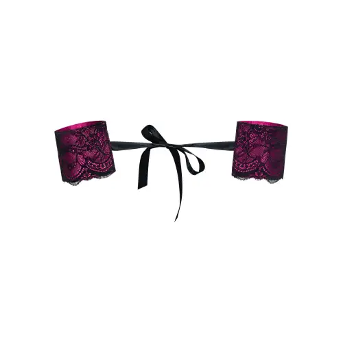 Атласные наручники-манжеты на лентах Obsessive Roseberry cuffs, pink, украшена кружевом photo 1