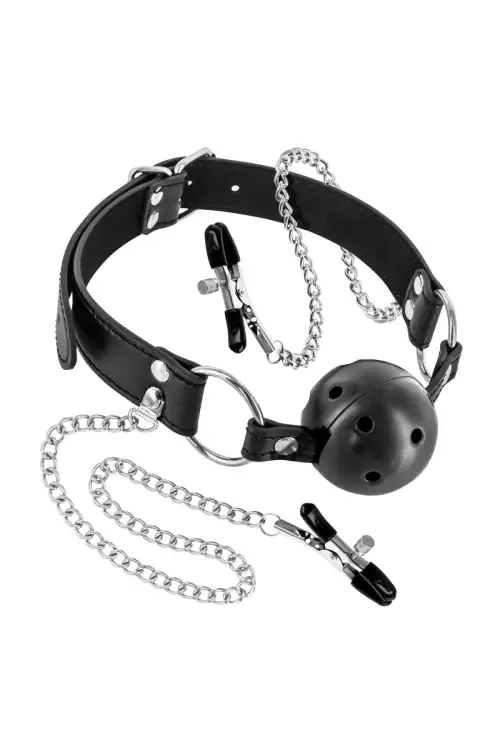 Воздухопроницаемый кляп с зажимами для сосков Fetish Tentation Rigid Gag Ball with Nipple Clamps photo 1