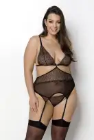 Корсет с пажами Passion Amberly Corset 6XL/7XL black, ассиметричный крой, кружева, стринги photo 1